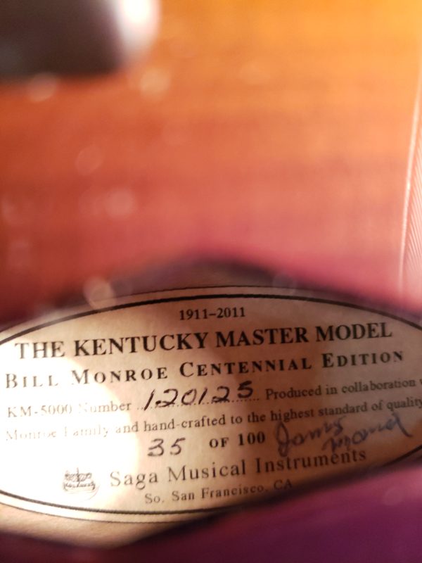 Kentucky KM-5000 Bill Monroe Centennial Mandolin label